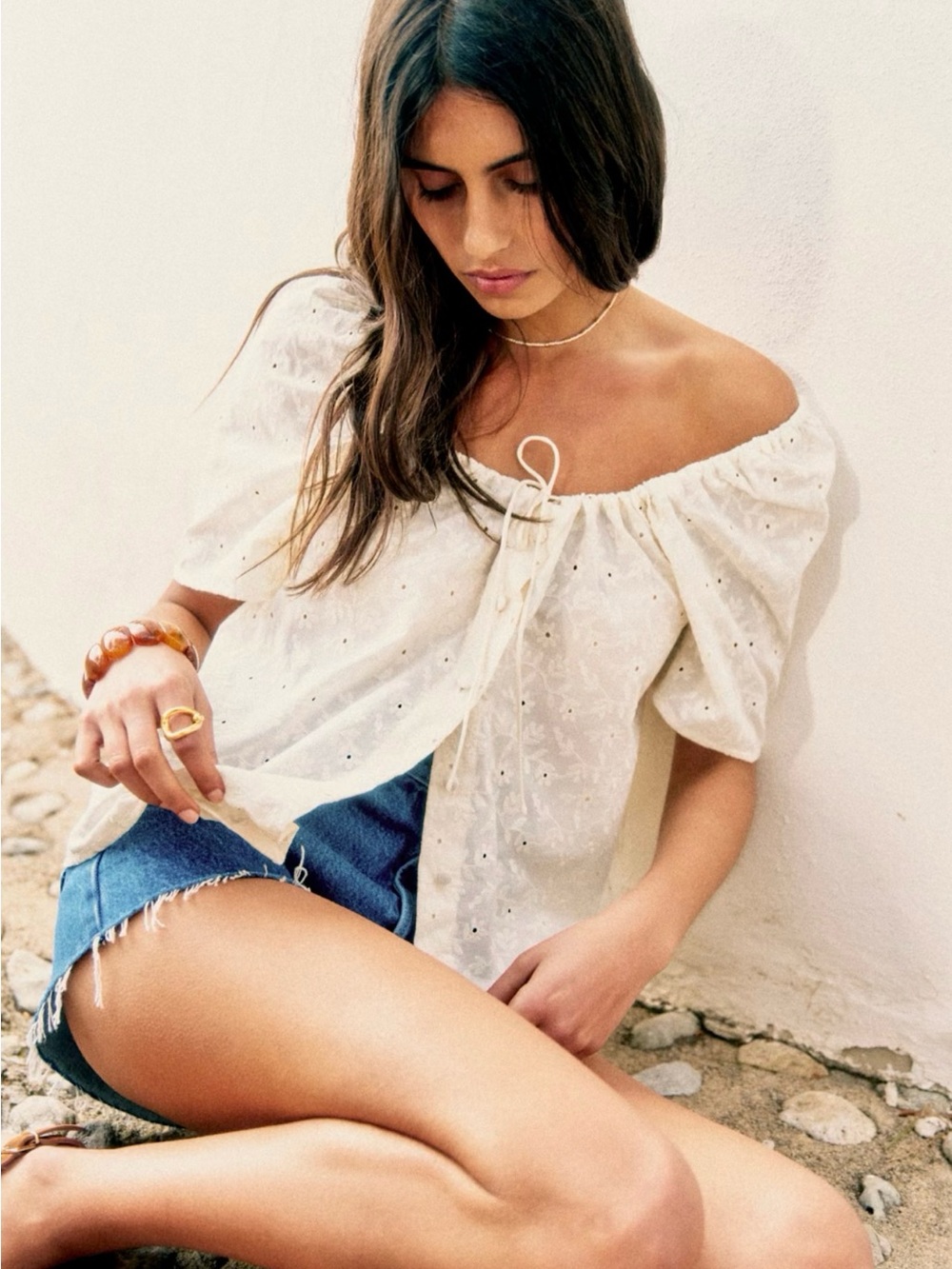 Sezane Vikaly blouse shirt Eyelet Peasant Top Embroidered Cream New NWT